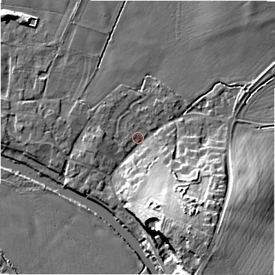 Shaded relief map of the ground around B799BT, computed from Environment Agency LiDAR. The ground here sits at about 54 m above sea level and falls 18 m across the surrounding 800 m. Surface water reaching this point runs off ground lying to the south-south-east, 16.9 m higher.