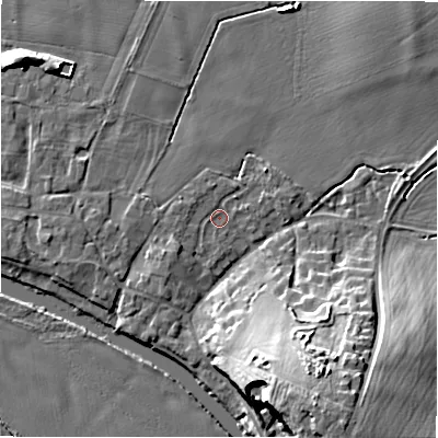 Shaded relief map of the ground around B799BU, computed from Environment Agency LiDAR. The ground here sits at about 54 m above sea level and falls 18 m across the surrounding 800 m. Surface water reaching this point runs off ground lying to the south-south-east, 16.9 m higher.