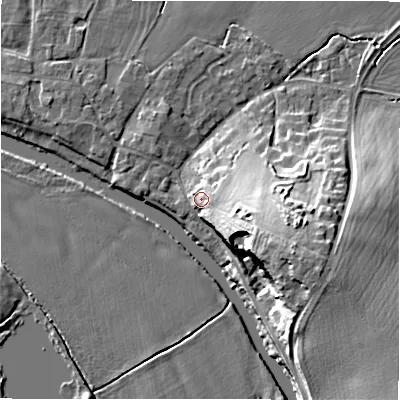 Shaded relief map of the ground around B799BX, computed from Environment Agency LiDAR. The ground here sits at about 57 m above sea level and falls 18 m across the surrounding 800 m. Surface water reaching this point runs off ground lying to the east-south-east, 7.9 m higher.
