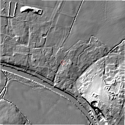 Shaded relief map of the ground around B799DB, computed from Environment Agency LiDAR. The ground here sits at about 54 m above sea level and falls 18 m across the surrounding 800 m. Surface water reaching this point runs off ground lying to the west-south-west, 1.5 m higher.