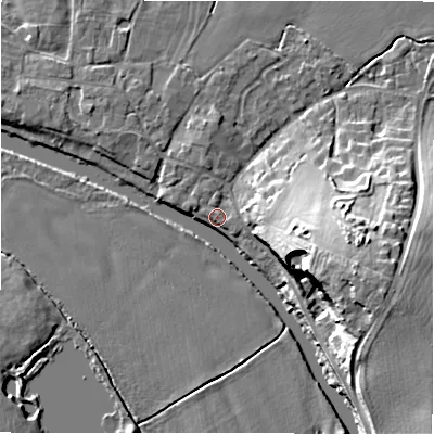 Shaded relief map of the ground around B799DG, computed from Environment Agency LiDAR. The ground here sits at about 55 m above sea level and falls 18 m across the surrounding 800 m. Surface water reaching this point runs off ground lying to the east-south-east, 18.3 m higher.