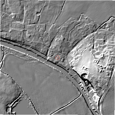 Shaded relief map of the ground around B799DQ, computed from Environment Agency LiDAR. The ground here sits at about 55 m above sea level and falls 18 m across the surrounding 800 m. Surface water reaching this point runs off ground lying to the north, 0.6 m higher.
