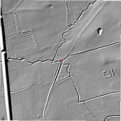 Shaded relief map of the ground around B799ES, computed from Environment Agency LiDAR. The ground here sits at about 61 m above sea level and falls 8 m across the surrounding 800 m. Surface water reaching this point runs off ground lying to the east, 5.4 m higher.