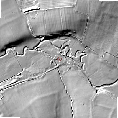 Shaded relief map of the ground around B799HR, computed from Environment Agency LiDAR. The ground here sits at about 57 m above sea level and falls 14 m across the surrounding 800 m. Surface water reaching this point runs off ground lying to the west-north-west, 0.8 m higher.
