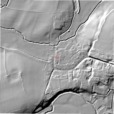 Shaded relief map of the ground around B799JN, computed from Environment Agency LiDAR. The ground here sits at about 58 m above sea level and falls 16 m across the surrounding 800 m. Surface water reaching this point runs off ground lying to the east-north-east, 13.0 m higher.