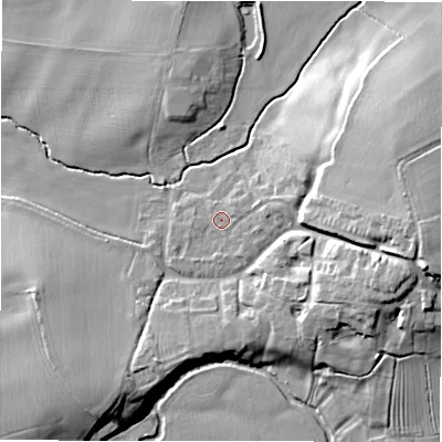 Shaded relief map of the ground around B799LL, computed from Environment Agency LiDAR. The ground here sits at about 58 m above sea level and falls 17 m across the surrounding 800 m. Surface water reaching this point runs off ground lying to the east-north-east, 3.5 m higher.