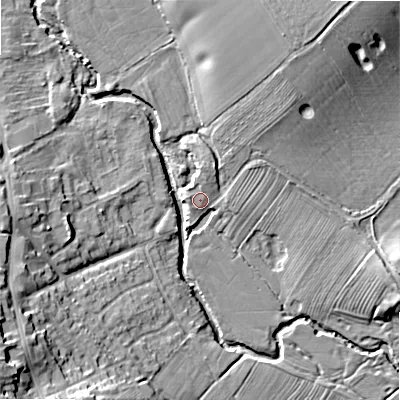 Shaded relief map of the ground around B807AA, computed from Environment Agency LiDAR. The ground here sits at about 63 m above sea level and falls 20 m across the surrounding 800 m. Surface water reaching this point runs off ground lying to the north-east, 5.3 m higher.
