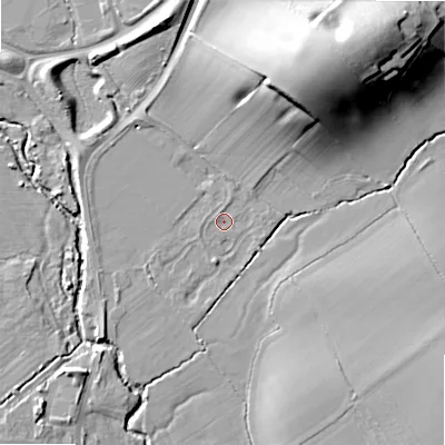 Shaded relief map of the ground around B807BF, computed from Environment Agency LiDAR. The ground here sits at about 65 m above sea level and falls 27 m across the surrounding 800 m. Surface water reaching this point runs off ground lying to the north-north-east, 22.9 m higher.