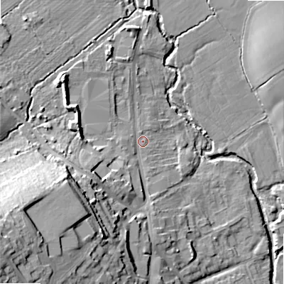 Shaded relief map of the ground around B807BG, computed from Environment Agency LiDAR. The ground here sits at about 66 m above sea level and falls 30 m across the surrounding 800 m. Surface water reaching this point runs off ground lying to the south-west, 24.6 m higher.
