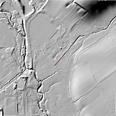 Shaded relief map of the ground around B807BY, computed from Environment Agency LiDAR. The ground here sits at about 65 m above sea level and falls 26 m across the surrounding 800 m. Surface water reaching this point runs off ground lying to the north-north-east, 22.5 m higher.