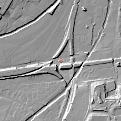 Shaded relief map of the ground around B81AE, computed from Environment Agency LiDAR. The ground here sits at about 99 m above sea level and falls 36 m across the surrounding 800 m. Surface water reaching this point runs off ground lying to the south-east, 11.5 m higher.