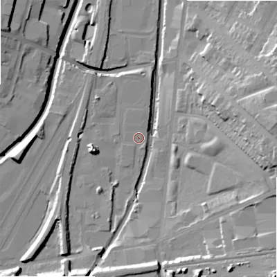 Shaded relief map of the ground around B81AP, computed from Environment Agency LiDAR. The ground here sits at about 98 m above sea level and falls 26 m across the surrounding 800 m. Surface water reaching this point runs off ground lying to the west-south-west, 7.7 m higher.