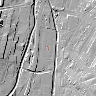 Shaded relief map of the ground around B81AU, computed from Environment Agency LiDAR. The ground here sits at about 96 m above sea level and falls 28 m across the surrounding 800 m. Surface water reaching this point runs off ground lying to the south-west, 3.2 m higher.