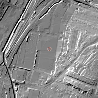 Shaded relief map of the ground around B81BG, computed from Environment Agency LiDAR. The ground here sits at about 93 m above sea level and falls 30 m across the surrounding 800 m. Surface water reaching this point runs off ground lying to the south-east, 25.3 m higher.