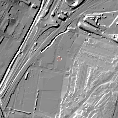 Shaded relief map of the ground around B81BH, computed from Environment Agency LiDAR. The ground here sits at about 93 m above sea level and falls 28 m across the surrounding 800 m. Surface water reaching this point runs off ground lying to the east, 16.9 m higher.