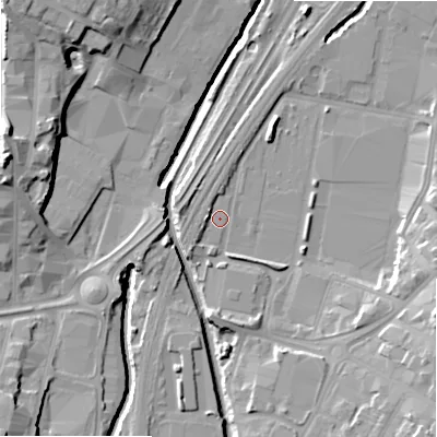 Shaded relief map of the ground around B81BL, computed from Environment Agency LiDAR. The ground here sits at about 94 m above sea level and falls 22 m across the surrounding 800 m. Surface water reaching this point runs off ground lying to the west, 2.6 m higher.