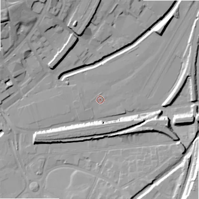 Shaded relief map of the ground around B81BT, computed from Environment Agency LiDAR. The ground here sits at about 100 m above sea level and falls 26 m across the surrounding 800 m. Surface water reaching this point runs off ground lying to the west, 1.2 m higher.