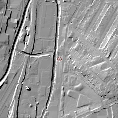 Shaded relief map of the ground around B81DX, computed from Environment Agency LiDAR. The ground here sits at about 96 m above sea level and falls 29 m across the surrounding 800 m. Surface water reaching this point runs off ground lying to the east-south-east, 26.6 m higher.
