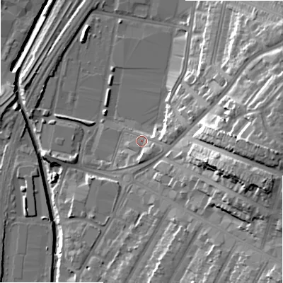 Shaded relief map of the ground around B81JE, computed from Environment Agency LiDAR. The ground here sits at about 96 m above sea level and falls 29 m across the surrounding 800 m. Surface water reaching this point runs off ground lying to the east-south-east, 3.7 m higher.