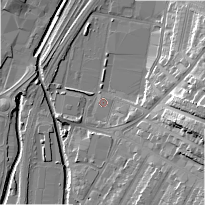 Shaded relief map of the ground around B81JW, computed from Environment Agency LiDAR. The ground here sits at about 94 m above sea level and falls 28 m across the surrounding 800 m. Surface water reaching this point runs off ground lying to the south-east, 0.7 m higher.