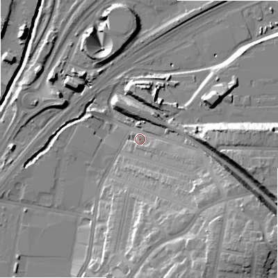 Shaded relief map of the ground around B81QF, computed from Environment Agency LiDAR. The ground here sits at about 97 m above sea level and falls 29 m across the surrounding 800 m. Surface water reaching this point runs off ground lying to the east-south-east, 19.0 m higher.