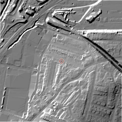 Shaded relief map of the ground around B81QH, computed from Environment Agency LiDAR. The ground here sits at about 100 m above sea level and falls 30 m across the surrounding 800 m. Surface water reaching this point runs off ground lying to the east-south-east, 9.8 m higher.