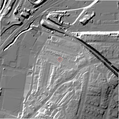 Shaded relief map of the ground around B81QJ, computed from Environment Agency LiDAR. The ground here sits at about 101 m above sea level and falls 29 m across the surrounding 800 m. Surface water reaching this point runs off ground lying to the east-south-east, 8.6 m higher.