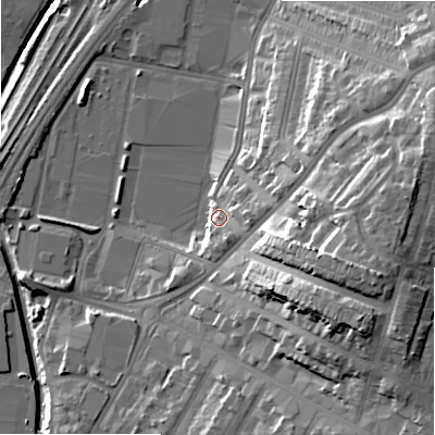 Shaded relief map of the ground around B81QS, computed from Environment Agency LiDAR. The ground here sits at about 98 m above sea level and falls 29 m across the surrounding 800 m. Surface water reaching this point runs off ground lying to the east, 6.4 m higher.
