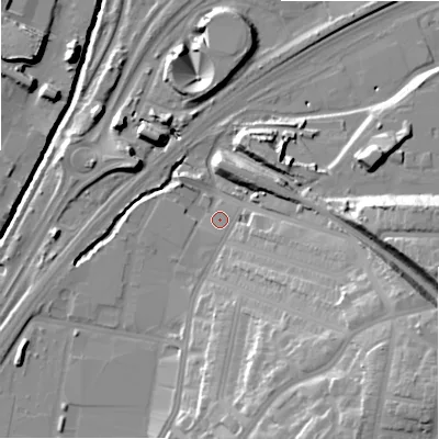 Shaded relief map of the ground around B81QX, computed from Environment Agency LiDAR. The ground here sits at about 94 m above sea level and falls 29 m across the surrounding 800 m. Surface water reaching this point runs off ground lying to the south-east, 1.6 m higher.