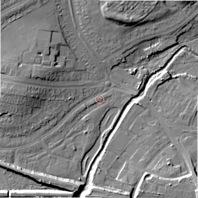 Shaded relief map of the ground around B82PJ, computed from Environment Agency LiDAR. The ground here sits at about 98 m above sea level and falls 16 m across the surrounding 800 m. Surface water reaching this point runs off ground lying to the west-north-west, 12.4 m higher.