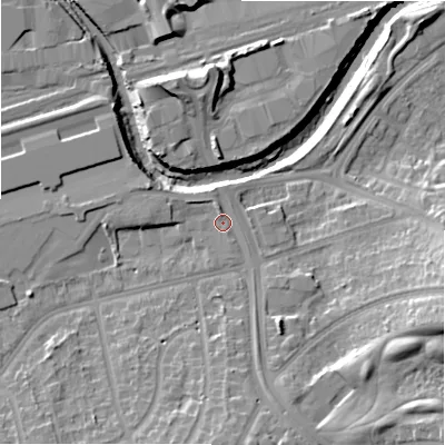 Shaded relief map of the ground around B82SH, computed from Environment Agency LiDAR. The ground here sits at about 88 m above sea level and falls 19 m across the surrounding 800 m. Surface water reaching this point runs off ground lying to the south, 10.6 m higher.