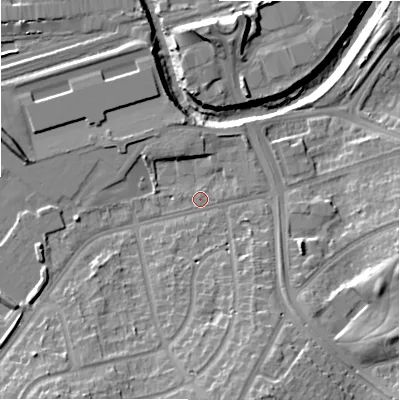 Shaded relief map of the ground around B82SL, computed from Environment Agency LiDAR. The ground here sits at about 89 m above sea level and falls 19 m across the surrounding 800 m. Surface water reaching this point runs off ground lying to the south, 11.3 m higher.