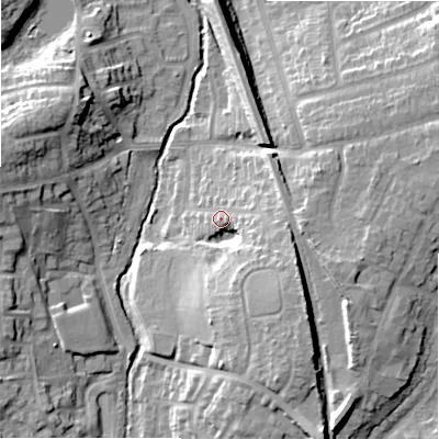 Shaded relief map of the ground around B901BB, computed from Environment Agency LiDAR. The ground here sits at about 133 m above sea level and falls 19 m across the surrounding 800 m. Surface water reaching this point runs off ground lying to the south-east, 12.0 m higher.