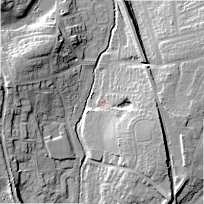 Shaded relief map of the ground around B901BF, computed from Environment Agency LiDAR. The ground here sits at about 129 m above sea level and falls 19 m across the surrounding 800 m. Surface water reaching this point runs off ground lying to the east-south-east, 15.8 m higher.