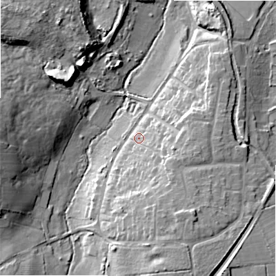 Shaded relief map of the ground around B901ED, computed from Environment Agency LiDAR. The ground here sits at about 135 m above sea level and falls 19 m across the surrounding 800 m. Surface water reaching this point runs off ground lying to the east-south-east, 8.9 m higher.