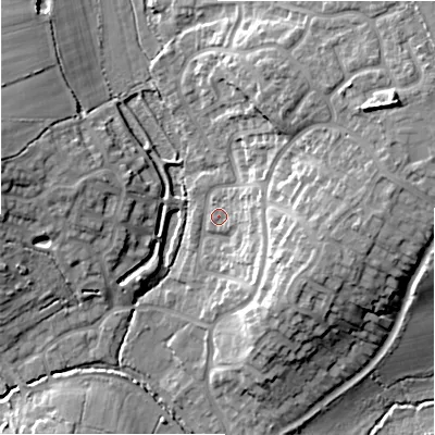 Shaded relief map of the ground around B904HW, computed from Environment Agency LiDAR. The ground here sits at about 129 m above sea level and falls 20 m across the surrounding 800 m. Surface water reaching this point runs off ground lying to the east-north-east, 15.5 m higher.