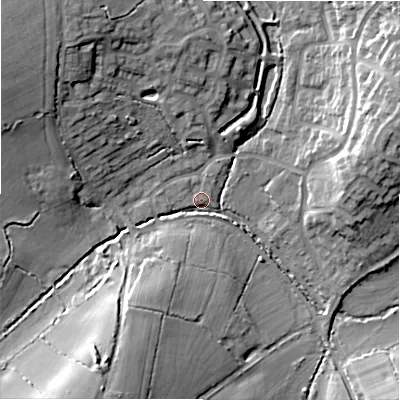 Shaded relief map of the ground around B904HX, computed from Environment Agency LiDAR. The ground here sits at about 127 m above sea level and falls 17 m across the surrounding 800 m. Surface water reaching this point runs off ground lying to the north-west, 15.5 m higher.