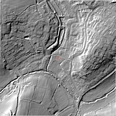 Shaded relief map of the ground around B904HY, computed from Environment Agency LiDAR. The ground here sits at about 127 m above sea level and falls 18 m across the surrounding 800 m. Surface water reaching this point runs off ground lying to the north-east, 16.2 m higher.