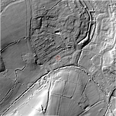 Shaded relief map of the ground around B904HZ, computed from Environment Agency LiDAR. The ground here sits at about 127 m above sea level and falls 18 m across the surrounding 800 m. Surface water reaching this point runs off ground lying to the north-west, 16.4 m higher.