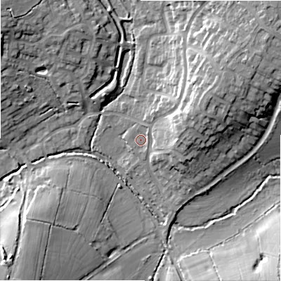Shaded relief map of the ground around B904JA, computed from Environment Agency LiDAR. The ground here sits at about 127 m above sea level and falls 17 m across the surrounding 800 m. Surface water reaching this point runs off ground lying to the north-east, 1.2 m higher.