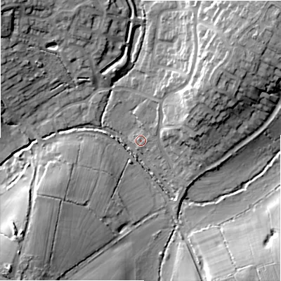 Shaded relief map of the ground around B904JB, computed from Environment Agency LiDAR. The ground here sits at about 127 m above sea level and falls 17 m across the surrounding 800 m. Surface water reaching this point runs off ground lying to the north-east, 15.5 m higher.
