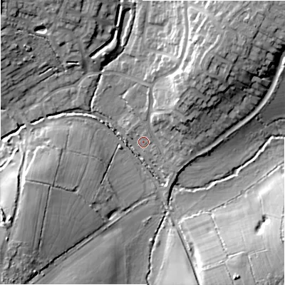 Shaded relief map of the ground around B904JD, computed from Environment Agency LiDAR. The ground here sits at about 127 m above sea level and falls 16 m across the surrounding 800 m. Surface water reaching this point runs off ground lying to the north-east, 14.9 m higher.