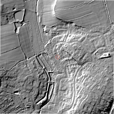 Shaded relief map of the ground around B904JN, computed from Environment Agency LiDAR. The ground here sits at about 129 m above sea level and falls 17 m across the surrounding 800 m. Surface water reaching this point runs off ground lying to the east-north-east, 10.9 m higher.