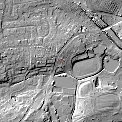 Shaded relief map of the ground around B911ND, computed from Environment Agency LiDAR. The ground here sits at about 128 m above sea level and falls 14 m across the surrounding 800 m. Surface water reaching this point runs off ground lying to the west-north-west, 4.1 m higher.