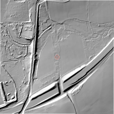 Shaded relief map of the ground around B912SY, computed from Environment Agency LiDAR. The ground here sits at about 110 m above sea level and falls 22 m across the surrounding 800 m. Surface water reaching this point runs off ground lying to the south, 6.4 m higher.
