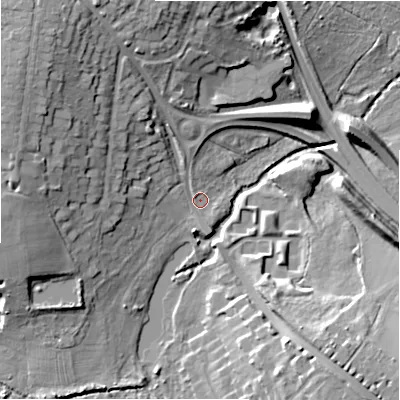 Shaded relief map of the ground around B913HG, computed from Environment Agency LiDAR. The ground here sits at about 112 m above sea level and falls 20 m across the surrounding 800 m. Surface water reaching this point runs off ground lying to the north-west, 17.0 m higher.