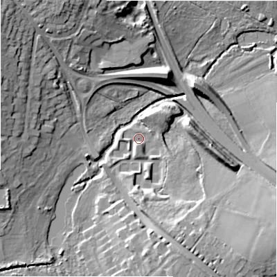 Shaded relief map of the ground around B913HH, computed from Environment Agency LiDAR. The ground here sits at about 113 m above sea level and falls 19 m across the surrounding 800 m. Surface water reaching this point runs off ground lying to the south-south-east, 10.8 m higher.