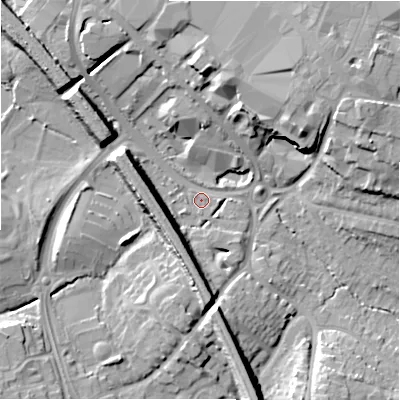 Shaded relief map of the ground around B913HX, computed from Environment Agency LiDAR. The ground here sits at about 120 m above sea level and falls 16 m across the surrounding 800 m. Surface water reaching this point runs off ground lying to the north-north-west, 11.0 m higher.