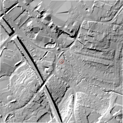Shaded relief map of the ground around B913HZ, computed from Environment Agency LiDAR. The ground here sits at about 119 m above sea level and falls 17 m across the surrounding 800 m. Surface water reaching this point runs off ground lying to the north-west, 12.6 m higher.