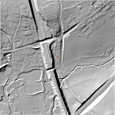 Shaded relief map of the ground around B913JW, computed from Environment Agency LiDAR. The ground here sits at about 119 m above sea level and falls 23 m across the surrounding 800 m. Surface water reaching this point runs off ground lying to the west-south-west, 9.3 m higher.